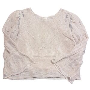 Cream Beige Lace Crochet Bell Sleeve Boho Blouse Cottage Core Fairy Top Sz L